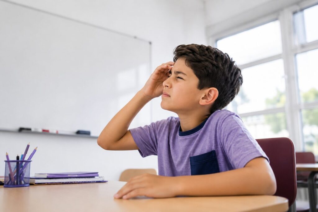 Niño con fatiga visual en el salón de clases