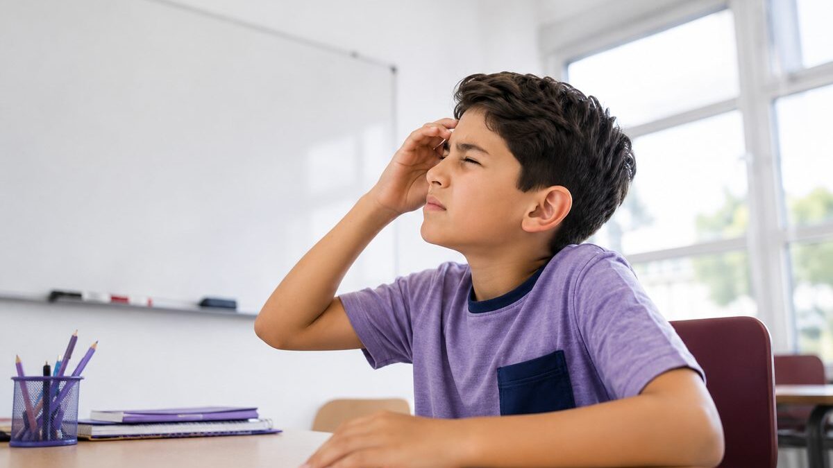 Niño con fatiga visual en el salón de clases