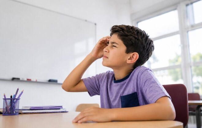 Niño con fatiga visual en el salón de clases